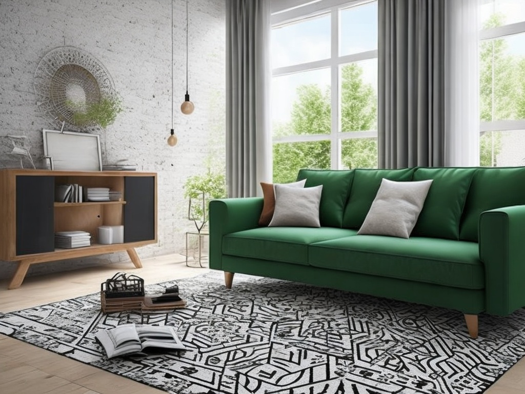 czarno biały dywan do zielonej kanapy