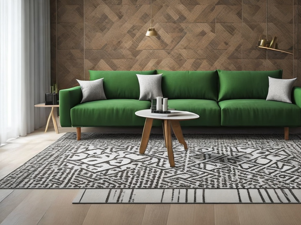dywan w geometryczne wzory do zielonej sofy