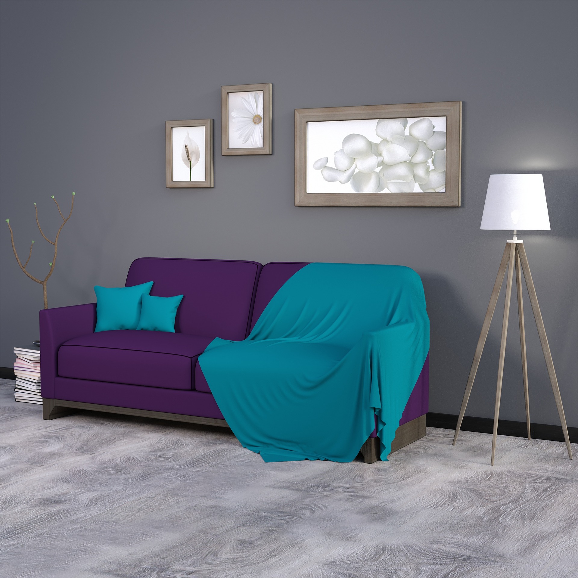 Fioletowa sofa w szarym salonie